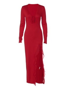 Robe rouge moulante à manches longues avec col en U lacé et fente latérale volantée