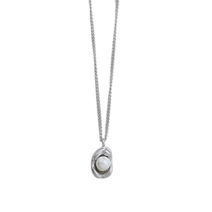 Minimalist silver stainless steel necklace featuring a melted irregular pearl pendant