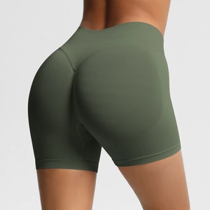 Close-up of seamless high waist fitness shorts with scrunch butt lift in olive green