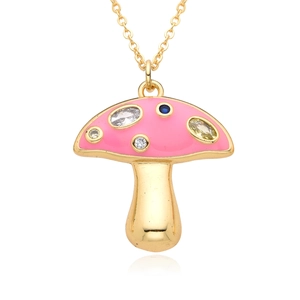 Detail of mushroom pendant featuring pink enamel and colorful zircon stone inlay