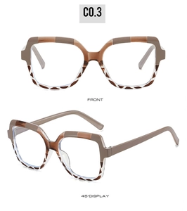 Front and 45-degree angle views of oversized square blue light blocking glasses in CO.3 brown