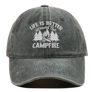 Detailed embroidery of Life is Better around the Campfire on grey washed cotton cap