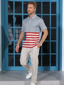 Men's casual polo shirt featuring American flag print and color-block button collar
