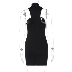 Rear view of a black high-neck sleeveless bodycon dress featuring a back zipper detail