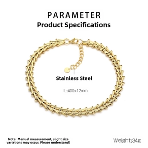 Detail view of gold stainless steel V-link chain necklace with clasp and dimensions