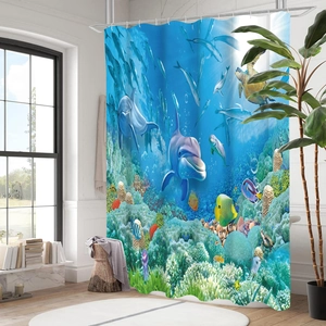 Underwater world shower curtain with dolphins and turtles for modern bathroom decor