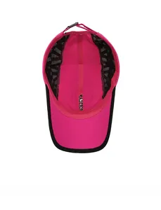 Macro shot of breathable rose pink cap interior with quick-dry mesh and adjustable strap