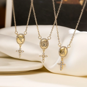 18K Gold Plated Copper Cross Pendant Necklace For Women Retro Religious Saint Mary Angel Zirconia Link Chain Fashion Jewelry
