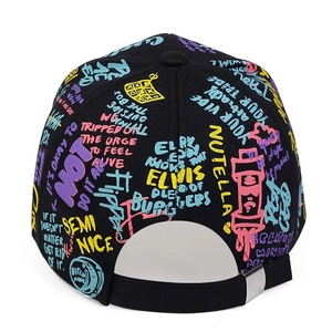 Black cotton baseball cap with colorful graffiti slogans and adjustable metal back strap