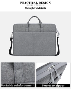 Details des verstärkten Griffs und der langlebigen Metallreißverschlüsse der Laptoptasche