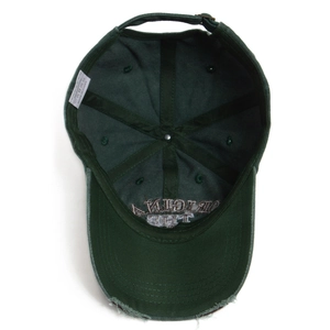 Deep green washed cotton baseball cap with vintage embroidery and adjustable strap