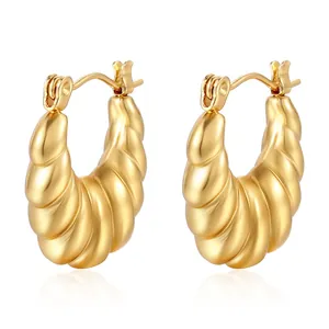 Elegant 18K gold-plated titanium steel croissant hoop earrings with polished texture