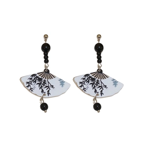 New Chinese style fan earrings with black bamboo ink painting and acrylic beads