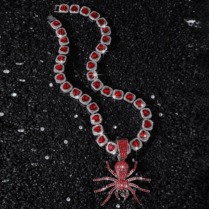 Hip hop silver Cuban chain with red rhinestone spider pendant and heart stones
