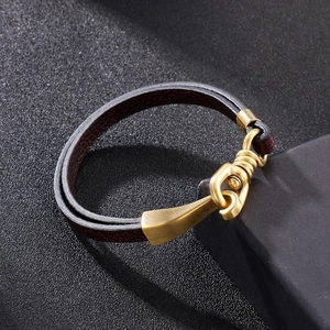 Men's retro braided dark brown leather bracelet with brass gold metal hook buckle