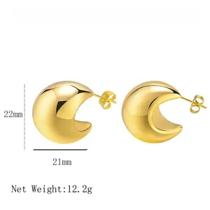 Detailed macro view of gold-plated stainless steel C-shaped hoop earrings with dimensions
