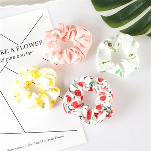 Summer hair scrunchies set featuring cute fruit prints like peach and avocado