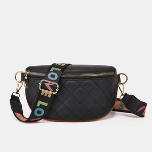 Black quilted waist bag with colorful LOVE embroidered wide strap and gold hardware