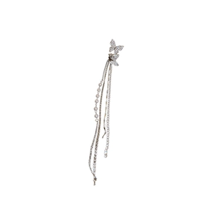 Elegant cubic zirconia butterfly ear cuff with long pearl tassels for non-pierced ears