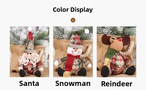 Detailed trio of Christmas plush ornaments with Santa, snowman and elk in plaid fabric
