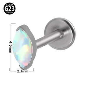 Solid G23 titanium labret stud with a marquise-cut opal stone and polished silver finish