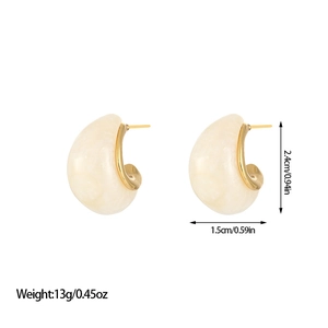 French style 18K gold plated C-shape earrings with cream resin water drop design