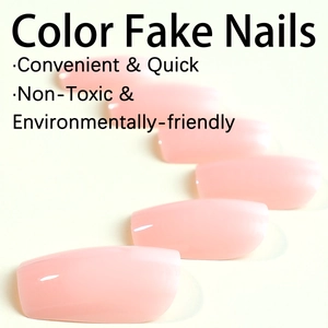 Glossy nude pink coffin shape press-on fake nails set with a semi-transparent jelly finish