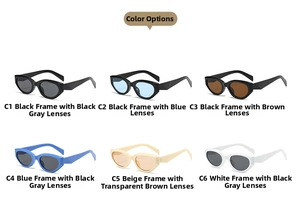 Detailed grid of cat-eye square sunglasses in six assorted frame and lens colors