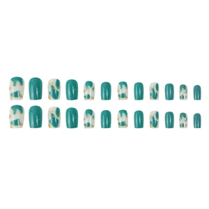 Set of 24 emerald green press-on nails with marble patterns and gold foil flakes deco