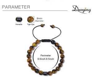 Size chart for 8mm tiger eye and hematite bracelet with adjustable 6.6-8.5 inch perimeter