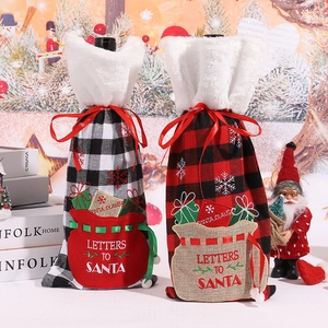 Christmas plaid wine bottle covers with red ribbons and Santa Claus embroidery decoration