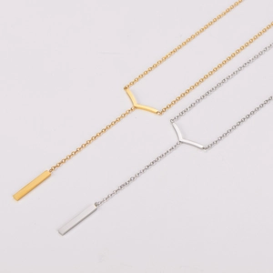Minimalist Y-shaped stainless steel necklace with V-pendant and tassel in gold and silver