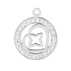 Detail of silver stainless steel pendant with crystal halo and hollow heart design