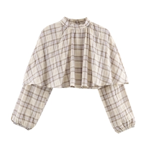 Haut Court À Manches Longues À Carreaux Pour Femmes Polyester Col Montant Bordure À Volants Design Châle Superposé Mode Rétro