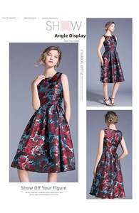 Detailed views of vintage floral jacquard dress showing front, side and back angles