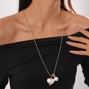 Heart Pendant Necklace With Bow Ribbon Colorful Crystal Alloy Silver Tone Ball Chain Long Trendy Jewelry For Women
