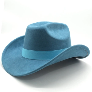 Detail of teal faux suede cowboy hat with stylish ribbon band and curved brim