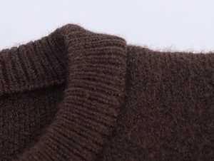 Close-up of dark brown knit sweater ribbed neckline featuring soft mohair texture