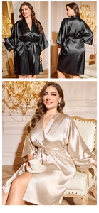 Lustrous silk satin robes in black and champagne featuring V-neck and tie-waist detail