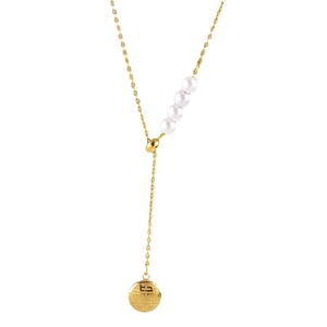 Elegant gold choker necklace with white pearls and a double happiness pendant charm