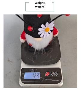 Detailed top view of the black and red ladybug gnome plush toy on a digital scale weighing 123g