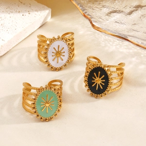 Retro stainless steel open rings with oval colorful enamel and starburst design
