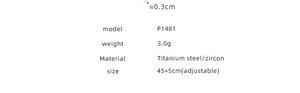 Specifications for the zircon square necklace, listing titanium steel material and size details