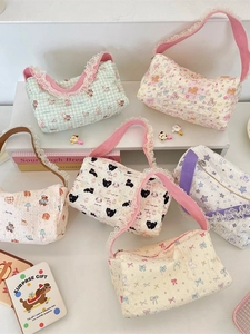 Cute Cartoon Print Handbag Polyester Quilted Seersucker Fabric With Lace Trim Zipper Closure Small Tote Bag For Girls