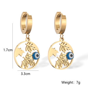 Detail of gold evil eye hoop earrings with maple leaf design and dimensions display