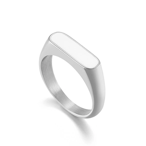 Minimalist silver stainless steel oval signet ring with polished geometric finish