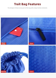 Detail of blue nylon drawstring bag with honeycomb texture fabric and zipper pocket