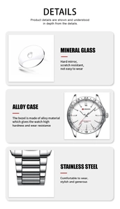 Detail view of mineral glass lens alloy case and stainless steel strap on men's watch