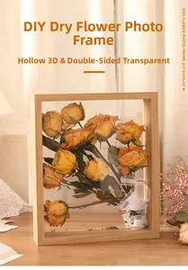 Detail of wooden shadow box frame with dried roses and double-sided transparent panels