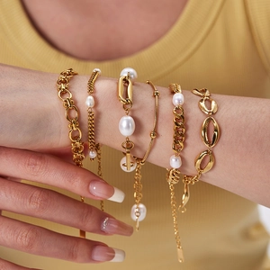 Fashion Bracelet For Women Gold Plated Stainless Steel Freshwater Pearl Cowrie Shell Link Chain Adjustable Jewelry